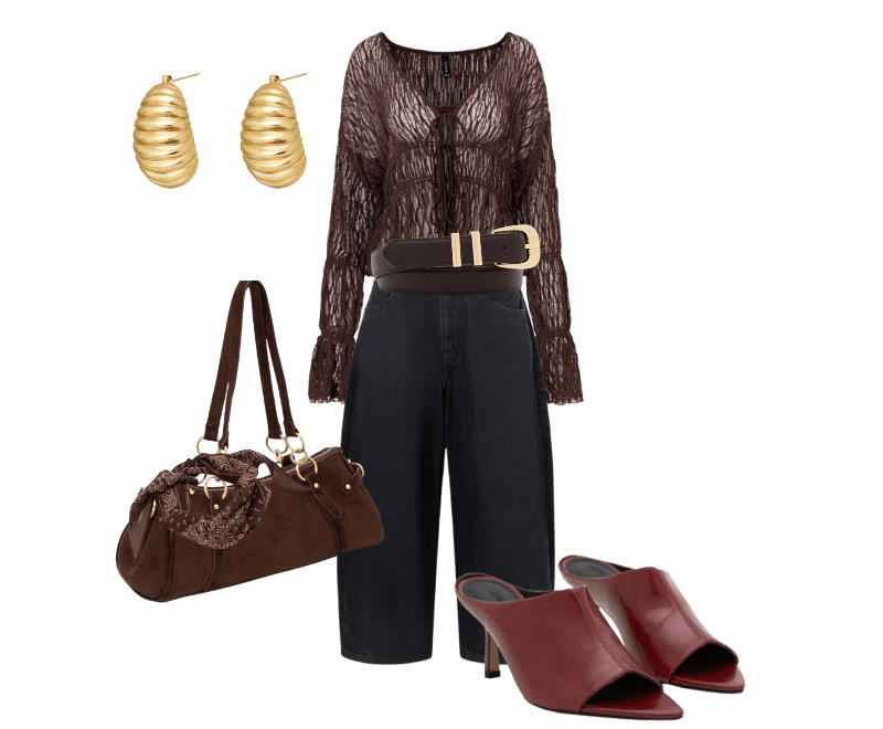 Bolsa Suede Média Com Detalhes Metalizados Marrom ; Calça Barrel em Denim com Cintura Média e Bolsos Preto ; Lenço Triangular em Algodão com Estampa Paisley Marrom ; Sandália Mule em PU com Gáspea Alongada Vermelho ; Blusa Renda Texturizada com Lacinhos e Manga Longa ; Brinco Médio em Metal com Formato Casulo Dourado ; Cinto Médio em Couro com Passantes Duplos