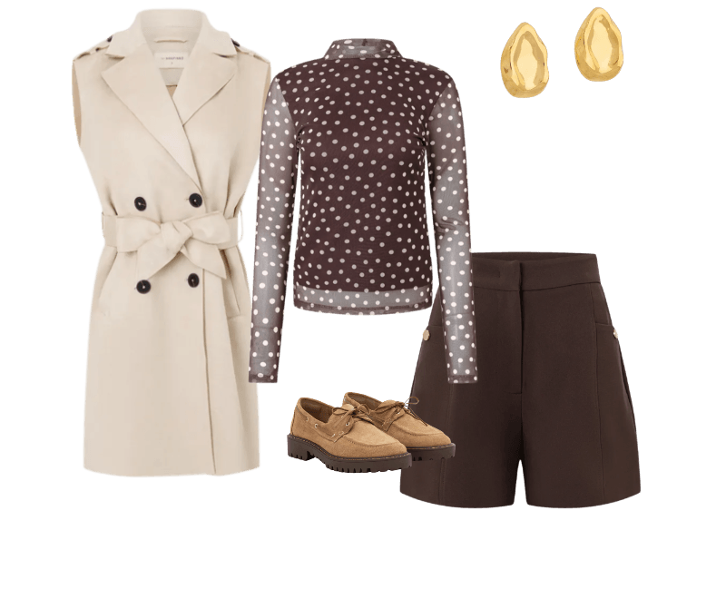 Mocassim em Couro Camurça com Solado Tratorado Marrom ; Blusa Manga Longa em Tule com Estampa Poa Marrom ; Short Alfaitado Cintura Alta com Bolsos Laterais Marrom escuro ; Brinco Botão em Aço Inoxidável a Prova D'água Dourado ; Colete Alongado em Suede com Faixa para Amarração