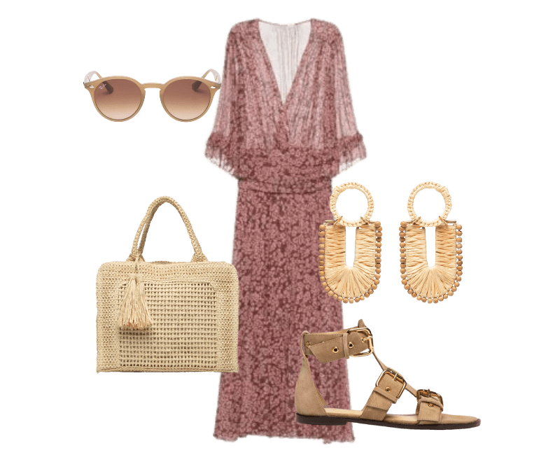 Brinco Feminino Veranil Palha Bege Dress To ; Bolsa Feminina Tiracolo de Palha Bege Basiq ; Óculos De Sol Unissex RB2180 Marrom Ray-ban ; Sandália Rasteira Camurção Bege Luiza Barcelos ; Vestido Tule Estampa Felina - Marrom