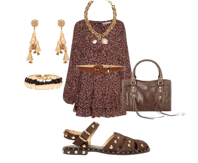 Brinco Feminino Palha Verdejar Bege Dress To ; Cinto Feminino Em Couro Com Fivela Oval Encapada Marrom Market 33 ; Sandália Feminina Rasteira Camurça Marrom Luiza Barcelos ; Vestido Estampa Céu Noturno Marrom Dress To ; Colar Feminino Maxi Corrente Com Pingentes Dourado '2Essential ; Bracelete Feminino Texturizado Dourado '2Essential ; Bolsa Feminina Pequena Em Couro Marrom Luiza Barcelos