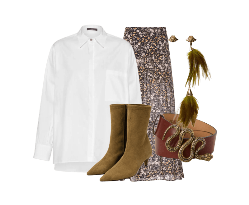 Bota De Chamois Stretch ; Camisa De Tricoline Essential ; Cinto De Couro Snake ; Saia De Voil Longa Estampada ; Brinco Longo Dourado Plumas Verdes