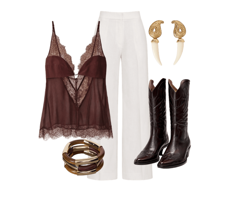 Bota Western ; https://www.animale.com.br/brinco-pesley-dourado-ouro-velho-27-03-1488-1201-374578/p ; Kit Braceletes Madeira ; Regata De Seda Marrom Dries Busto De Seda e Renda ; Calça De Linho Ampla De Alfaiataria