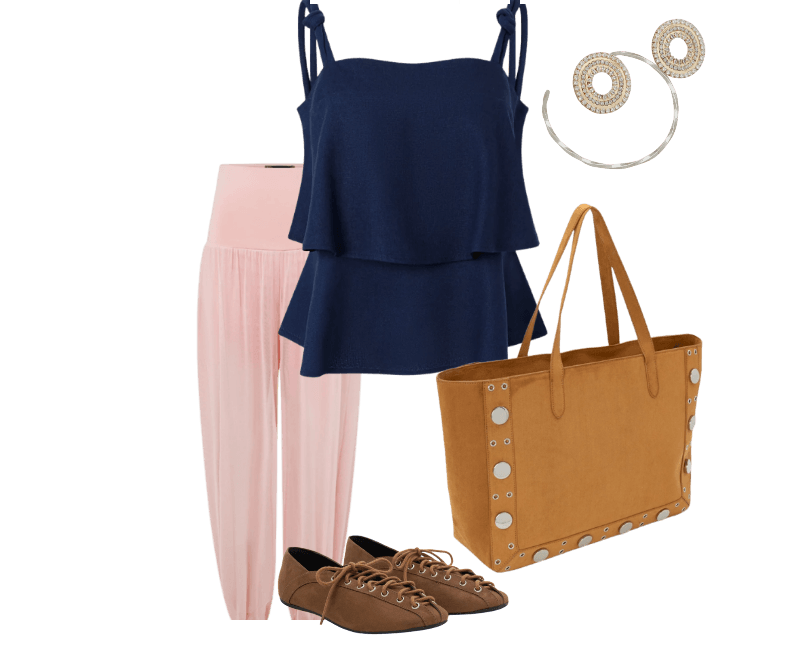 Sapatilha com Efeito Camurça e Amarração Marrom ; Calça Aladim Com Transparência E Forro Curto Rosa ; Bolsa Shopper Grande Com Detalhes Metalizados Marrom ; Blusa em Camadas com Detalhe de Nó na Alça Azul ; Brinco Botão Pequeno com Brilho Dourado ; Gargantilha Rígida com Acabamento Torcido