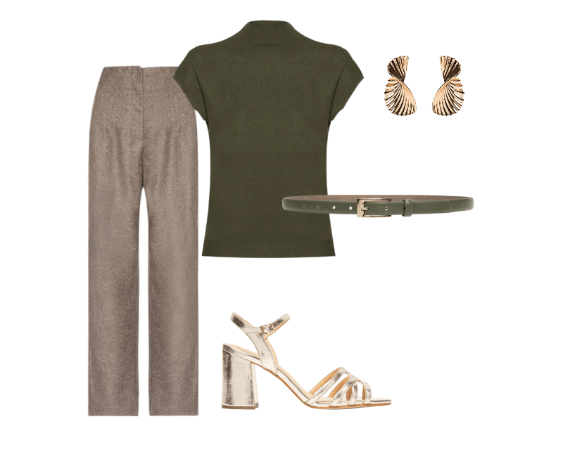 Cinto Feminino Em Couro Com Fivela Quadrada Verde Basiq ; Brinco Feminino Texturizado Orgânico Dourado '2Essential ; Sandália Feminina Salto Bloco Metalcolor Dourado Luiza Barcelos ; Blusa Feminina Manga Japonesa Em Tricot Verde '2Essential ; Calça Feminina Slim Alfaiataria Com Bolso Bege Basiq