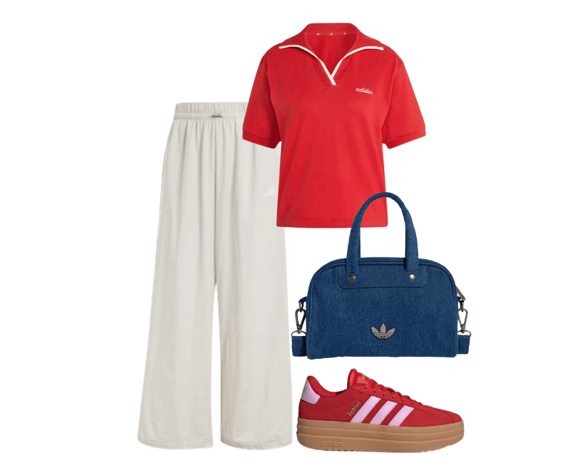 MINIBOLSA JEANS BOWLING ADICOLOR ; Tênis VL Court Bold ; Polo Seasonal Essentials Colorpop com Estampa Bordada ; Calça Malha Parachute Essentials Três Listras Lifestyle
