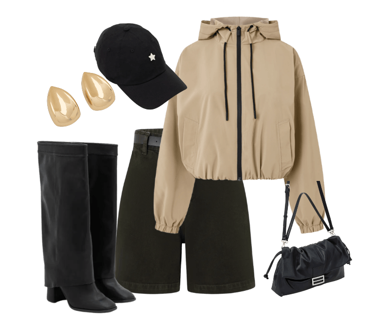 Bota Cano Alto em PU com Pala Sobreposta Preto ; Jaqueta Corta Vento Balonê com Capuz e Zíper Bege ; Brinco Médio em Metal Formato Gota Dourado ; Boné em Sarja com Aba Curva e Patch de Estrela Azul Escuro ; Bolsa Shoulder Soft Grande com Lapela ; Bermuda Midi em Sarja com Cinto e Cós Estruturado