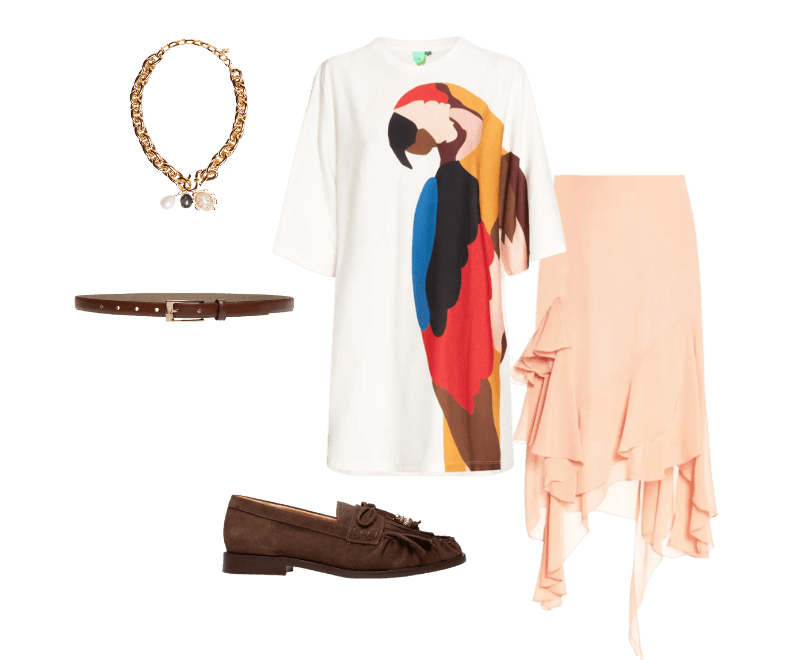 Mocassim Feminino Camurção Marrom Luiza Barcelos ; Cinto Feminino Em Couro Com Fivela Quadrada Marrom Basiq ; Vestido Camiseta Big Araraquara Branco Farm ; Saia Midi Assimétrica Em Chiffon Bege '2Essential ; Colar Feminino Maxi Corrente Com Pingentes Dourado '2Essential