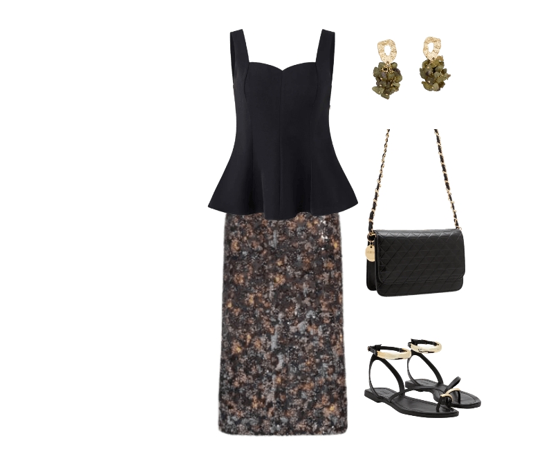 Sandália Rasteira com Detalhes Bold Preto ; Blusa sem Manga com Peplum em Crepe Preto ; Brinco Médio com Cascalhos Orgânicos Verde ; Bolsa Estruturada em Matelassê com Alça de Corrente ; Saia Midi Paetê Estampa Blush Preto Maria Filó