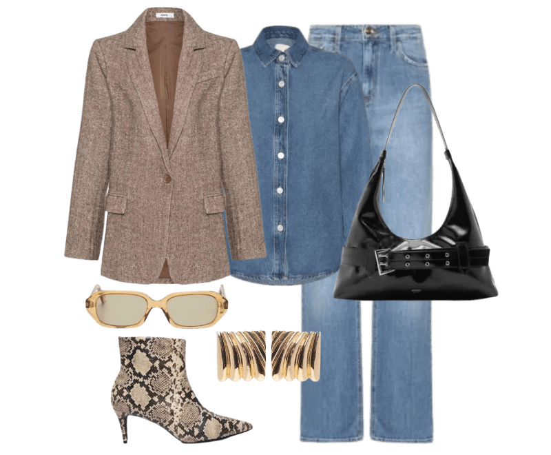 Camisa Feminina Azul Hering HFPL1ASN_AZULMEDIO ; Brinco Feminino Quadrado Texturizado Dourado ; Calça Feminina Wide Leg Jeans Azul '2Essential ; Óculos De Sol Feminino Adulto Munique Transparente Toffe MRCL Amarelo ; Bota Feminina Salto Baixo Em Couro Animal Print '2Essential ; Blazer Feminino Texturizado Bege Basiq ; Bolsa Feminina Hobo Grande Tiras Fivela - Preto