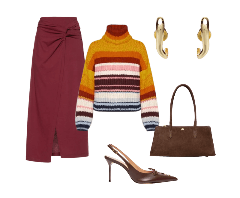 Brinco Feminino New Organic Bold Dourado Andressa Delamuta ; Scarpin Slingback Sabrine Couro Marrom Schutz ; Bolsa Feminina Média Camurção Marrom Luiza Barcelos ; Saia Midi Frente Torcida Vermelho Animale ; Casaco Feminino Listra Colors De Tricot Laranja