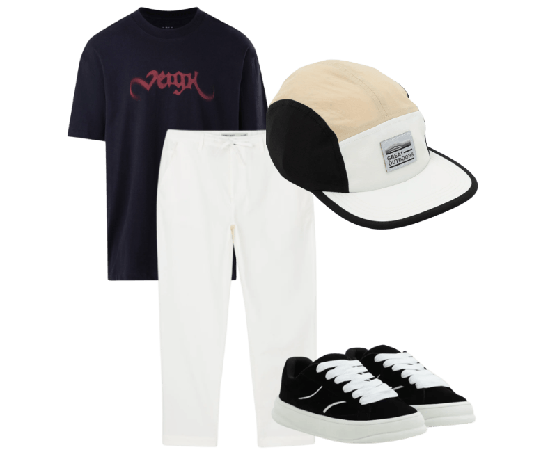 Boné 5 Panel em Microfibra com Recortes e Etiqueta Frontal Bege/Branco/Preto ; Camiseta Relaxed em Algodão com Estampa Veigh Preto  ; Calça Relaxed Oxford em Algodão Branco ; Tênis Skater em Material Sintético com Cadarço Fat Lace