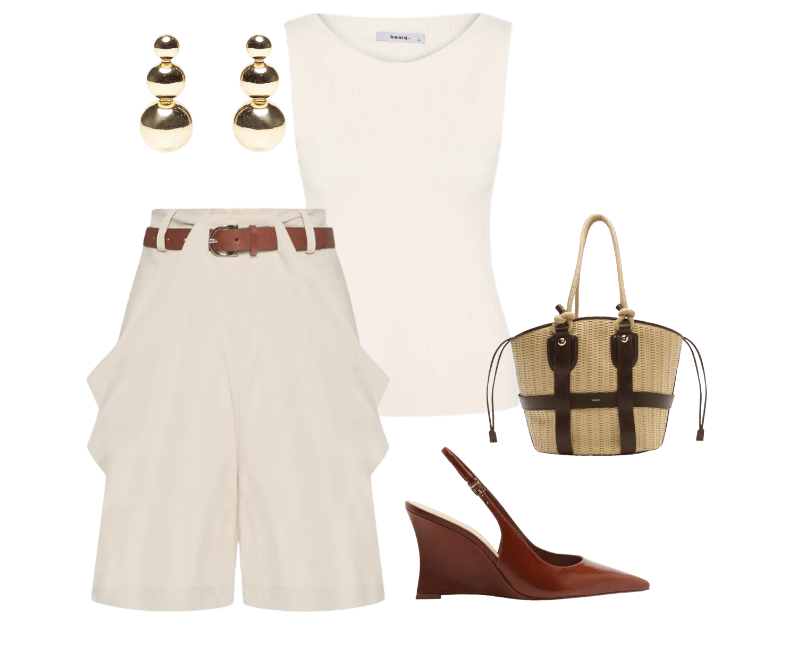 Bolsa Feminina Shopping Couro Grande Palha Bege Arezzo + Lenny Niemeyer ; Regata Feminina Tricot Básica Off White Basiq ; Scarpin Slingback Anabela Couro Salto Alto Marrom Arezzo ; Short Feminino Prega Alfaiataria com Cinto Bege Animale Jeans  ; Brinco Feminino Orbe Tre Dourado Andressa Delamuta