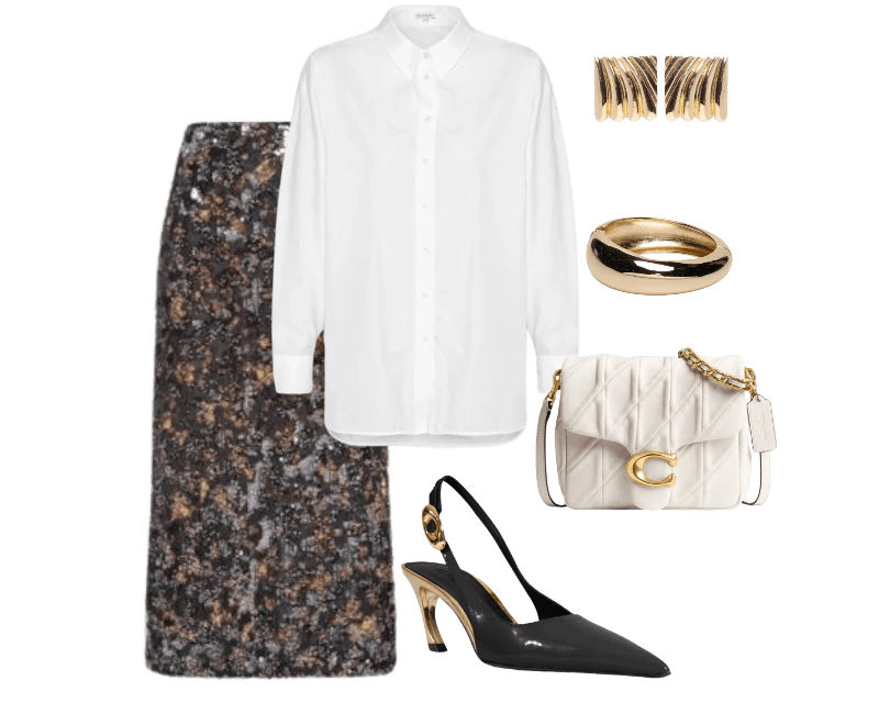Scarpin Slingback Salto Médio Verniz Couro Preto Schutz ; Camisa Feminina Ester I Branco Le Lis ; Bolsa Feminina Times Square Tabby Shoulder With Quilting Branco Coach ; Bracelete Feminino Redondo Dourado Basiq ; Saia Midi Paetê Estampa Blush Preto Maria Filó ; Brinco Feminino Quadrado Texturizado Dourado