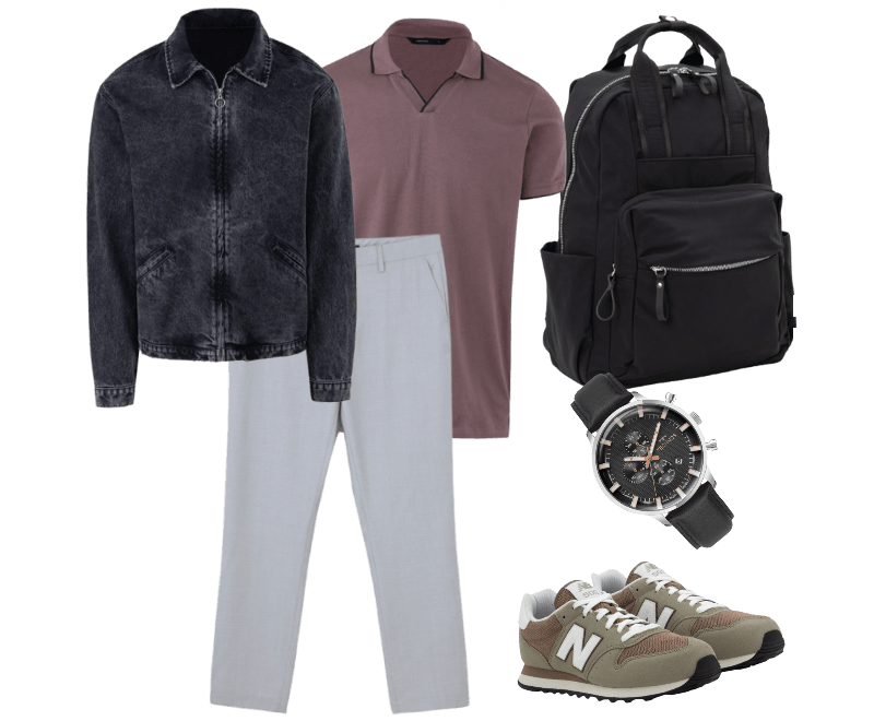 Tênis New Balance 500V2 em PU com Texturas Cinza ; Mochila com Bolso Para Notebook e Alças de Mão e para Mala Preto ; Relógio Technos Masculino Analógico PRETO ; Calça Social Slim em Poliviscose com Bolsos Cinza ; Camisa Polo Manga Curta com Detalhe Contrastante Marrom ; Jaqueta Boxy Denim Jeans com Estampa Evom Veigh