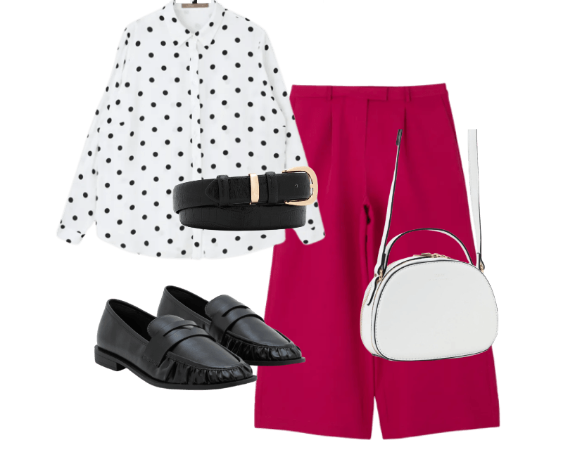Sapato Loafer Com Tira Frontal E Preguinhas No Bico Preto ; Bolsa Transversal Câmera Bag Arredondada E Duas Aberturas Branco ; Cinto Médio Com Textura Croco E Fivela E Passante Metálicos Preto ; Calça Pantalona Alfaiatada Curve & Plus Size Rosa ; Camisa Alongada em Crepe Poá Curve & Plus Size