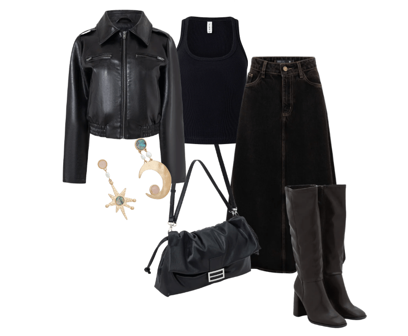 Jaqueta em PU com Zíper Preto ; Bota Sock Boot em PU com Bico Quadrado e Salto Bloco Marrom ; Brinco Médio Assimétrico com Formato de Estrela e Lua ; Bolsa Shoulder Soft Grande com Lapela ; Blusa em Ribana com Decote Quadrado ; Saia Midi em Jeans com Cintura Média Marrom Escuro