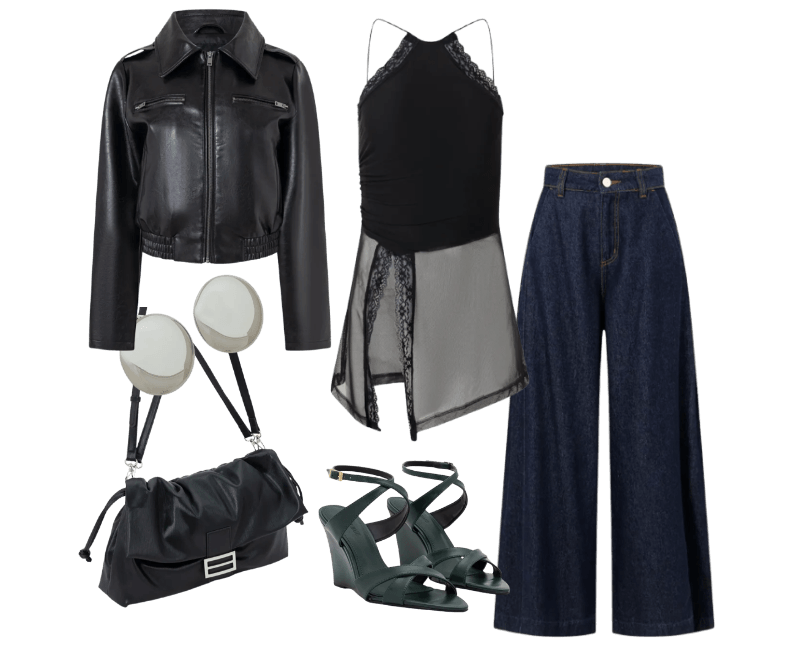 Jaqueta em PU com Zíper Preto ; Calça Pantalona em Jeans com Cintura Alta Azul Escuro ; Sandália Anabela com Bico Folha e Tiras Cruzadas Verde ; Brinco Botão Metalizado com Acabamento Polido ; Bolsa Shoulder Soft Grande com Lapela ; Blusa Halter em Tule com Renda Aplicada