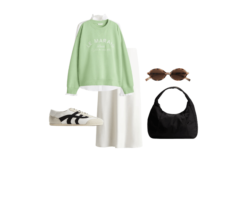 Tênis ; Óculos de sol ovais ; Bolsa slouchy de ombro esportiva ; Blusa com gola de babado ; Sweatshirt com motivo de texto ; Saia midi branco