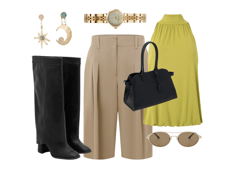 Bermuda Alfaiataria com Passantes no Cós e Detalhe de Pregas Bege ; Bolsa Stachel Grande com Detalhes Metalizados Preto ; Bota Cano Alto em PU com Pala Sobreposta Preto ; Brinco Médio Assimétrico com Formato de Estrela e Lua ; Relógio Analógico Mondaine Aço Modelo 32732LPMVDE1KB ; Óculos de Sol Oval com Hastes Metalizadas e Ponte Dulpa Dourado ; Blusa Halter em Ribana com Gola Amarrada