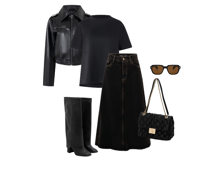 Bolsa Shoulder Grande Texturizada com Locker Metal em Light Gold Preto ; Jaqueta em PU com Zíper Preto ; Bota Cano Alto em PU com Pala Sobreposta Preto ; Óculos de Sol Quadrado com Lente Marrom e Hastes Lisas Preto ; Blusa em Algodão Pima com Gola Redonda ; Saia Midi em Jeans com Cintura Média Marrom Escuro