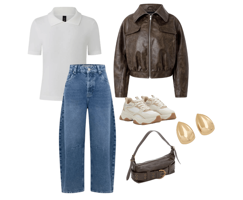 Tênis Chunky em PU com Detalhes Ondulados Bege ; Calça Barrel em Denim com Cintura média e Five Pockets Estruturados Azul ; Bolsa Baguete Média em PU com Detalhes Metalizados Marrom ; Brinco Médio em Metal Formato Gota Dourado ; Jaqueta Bomber em PU com Efeito Manchado Marrom ; Blusa Básica Manga Curta com Gola Polo