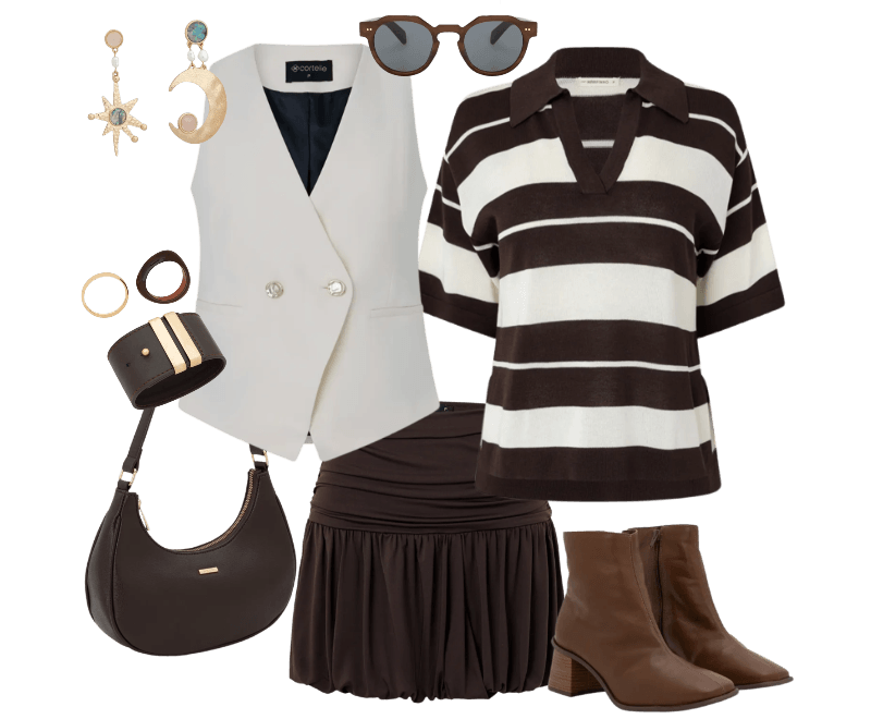 Bota Cano Médio em Couro com Bico Quadrado e Salto Bloco Marrom ; Óculos Arredondado com Estampa Marmorizada Marrom ; Bracelete em PU com Fivela e Ajuste Marrom ; Kit 02 Braceletes Rígidos em Resina Âmbar e Metal Dourado ; Brinco Médio Assimétrico com Formato de Estrela e Lua ; Bolsa Baguete Pequena e Estruturada com Alça de Mão ; Blusa em Tricô com Gola Polo e Estampa Listrada ; Colete em Alfaiataria com Decote em V ; Saia Balonê em Microfibra com Franzidos