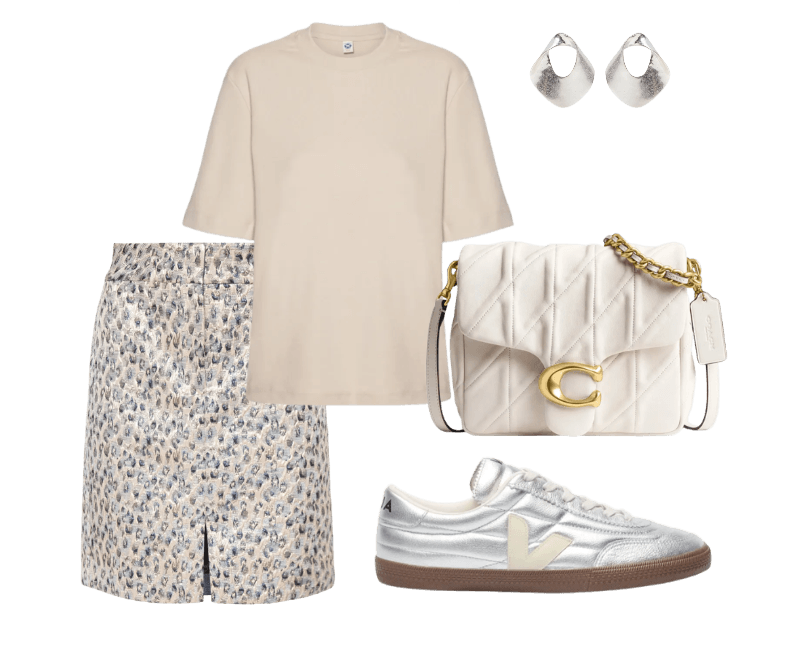 Blusa Feminina Meia Malha Bege Hering ; Bolsa Feminina Times Square Tabby Shoulder With Quilting Branco Coach ; Brinco Feminino Orgânico Fosco Prateado Market 33 ; Tênis Feminino Panenka O.T. Prateado Veja ; Saia Carol Bege Le Lis