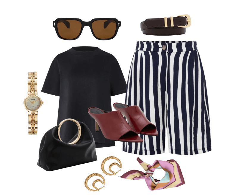 Short Maquinetado com Estampa de Listras e Cós Elástico Branco/Azul ; Lenço Acetinado com Estampa Cubo Multicores ; Argola em Metal com Efeito Zigzag Dourado ; Sandália Mule em PU com Gáspea Alongada Vermelho ; Óculos de Sol Quadrado com Lente Marrom e Hastes Lisas Preto ; Blusa em Algodão Pima com Gola Redonda ; Bolsa de Mão em PU com Alça de Mão Oval ; Relógio Analógico Mondaine Aço Modelo 32732LPMVDE1KB ; Cinto Médio em Couro com Passantes Duplos