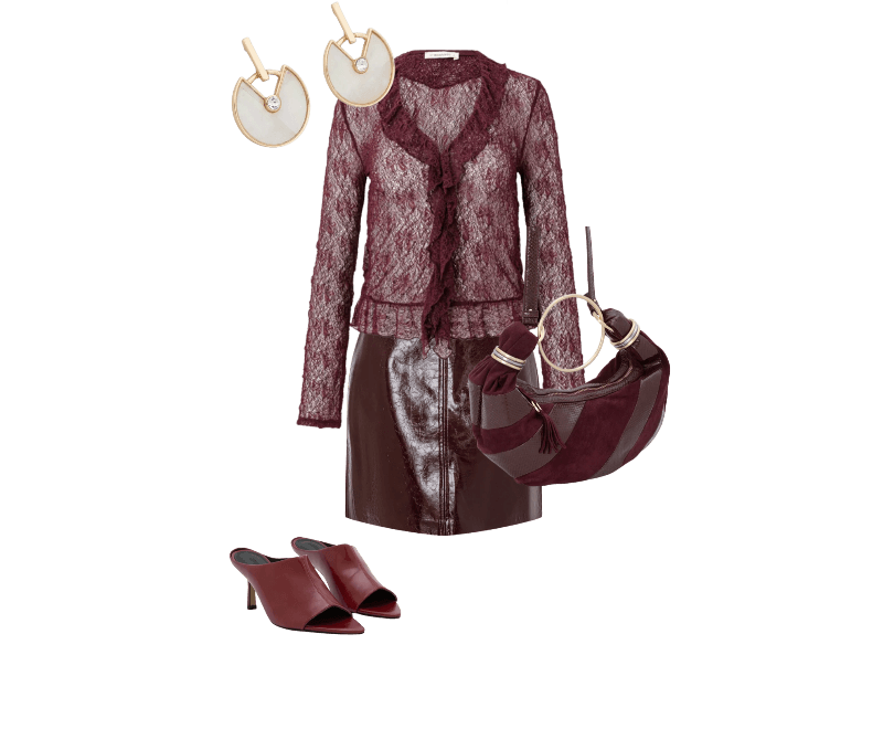 Sandália Mule em PU com Gáspea Alongada Vermelho ; Brinco Madrepérola com Formato Arredondado e Strass Dourado ; Bolsa Média em Suede com Alça Argola e Recortes Contrastantes ; Blusa Bata Rendada com Babados e Barra Franzida ; Saia Mini Reta em PU Com Recorte Frontal