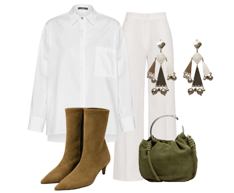 Bota De Chamois Stretch ; Bolsa De Chamois Mini Metal Snake ; Camisa De Tricoline Essential ; Calça De Linho Ampla De Alfaiataria ; Brinco Cleópatra Prata
