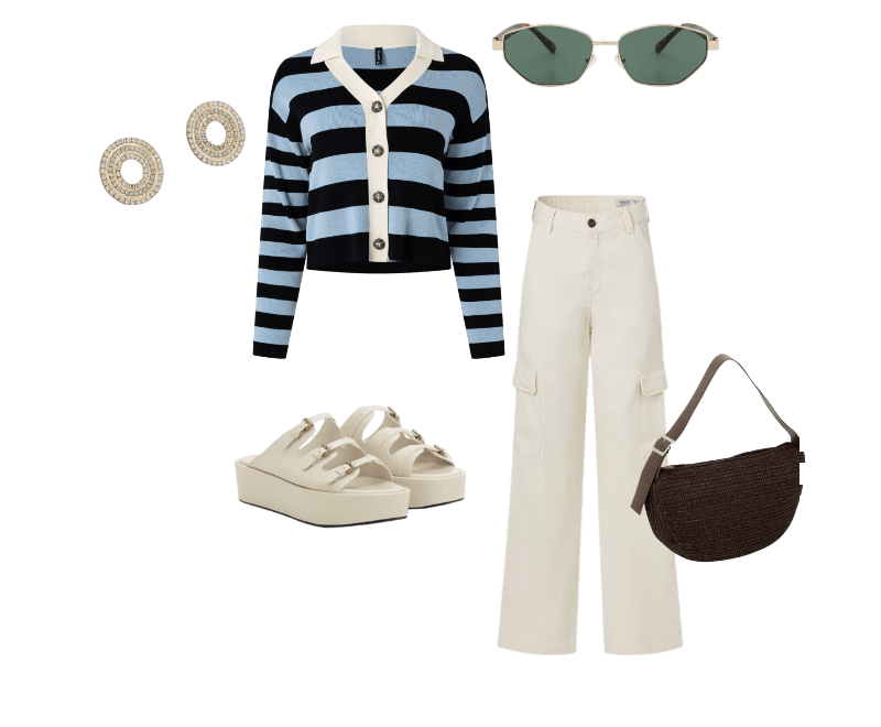 Casaco Cardigan em Tricô com Gola Polo e Listras Azul ; Bolsa Baguete em Papel Texturizada Marrom ; Calça Reta Comfort em Sarja com Cintura alta e Bolsos Cargo Bege ; Sandália Faltform em PU com Mini Fivelas Off White ; Óculos Quadrado com Hastes Estampada Animal Print Dourado/Marrom ; Brinco Botão Pequeno com Brilho Dourado