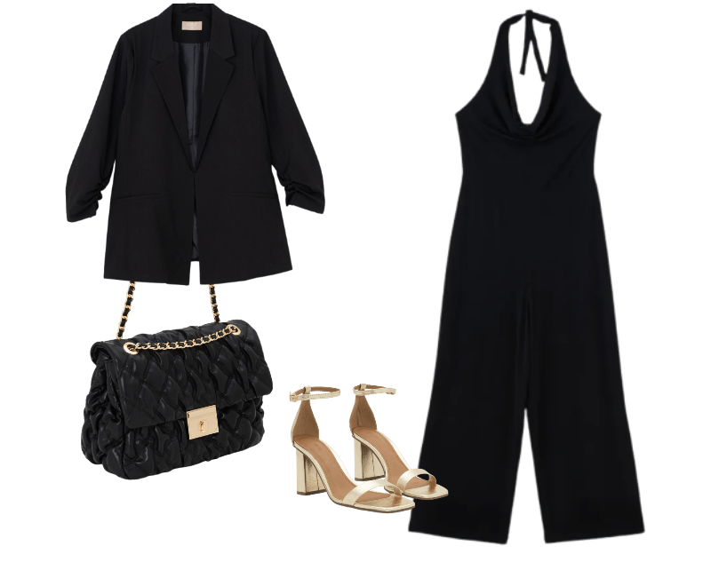 Blazer Alongado Em Crepe Manga Puxadinha Curve & Plus Size Preto ; Sandália Com Salto Alto Grosso Dourado ; Bolsa Shoulder Grande Texturizada Com Locker Metal Em Light Gold Preto ; Macacão Longo Frente única com Decote Degagê Curve & Plus Size