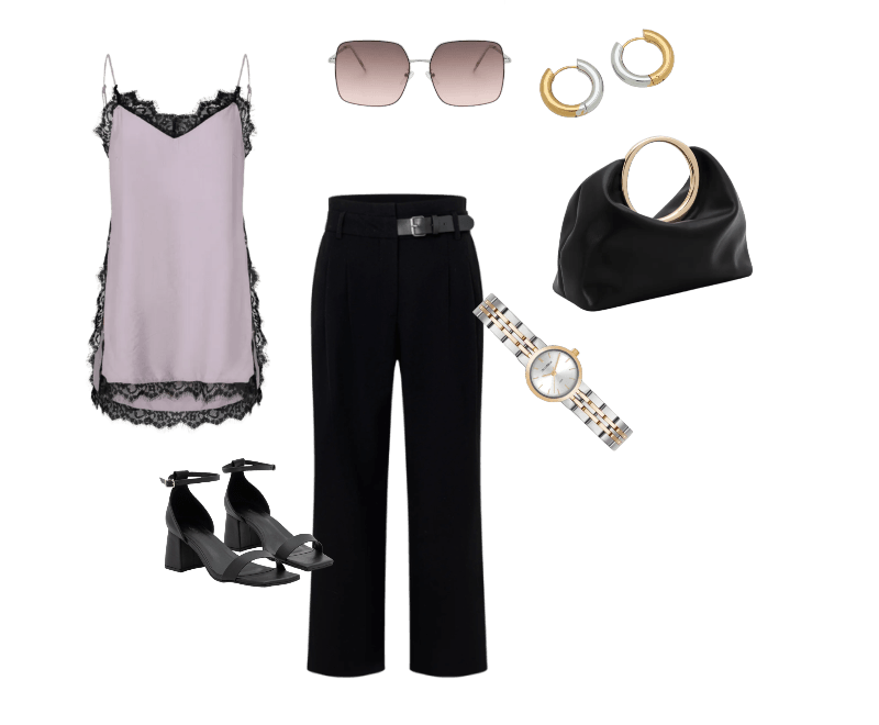 Sandália Básica Com Bico Quadrado E Salto Bloco Preto ; Argola com Banho Misto em Aço Inoxidável a Prova D'água Dourado/Prata ; Óculos de Sol Quadrado com Hastes Finas em Metal Prata ; Calça Wide Leg Alfaiatada com Cinto em PU Preto ; Bolsa de Mão em PU com Alça de Mão Oval ; Relógio Analógico Mondaine Aço Modelo 99816LPMVBE3 ; Blusa de Alça em Crepe com Detalhe de Renda