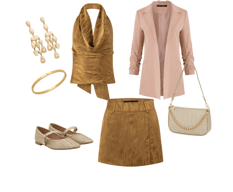 Blazer Alfaiataria Alongado em Crepe com Franzidos nos Punhos Marrom Leve ; Sapatilha Metalizada com Textura Tramada e Tira com Fivela Dourado ; Brinco Médio com Franja em Esferas Marteladas Dourado ; Short Saia Em Jacquard Com Estampa Animal Print Amarelo ; Blusa Frente Única Acetinada Com Decote Degagê E Efeito Manchado Amarelo ; Bracelete Aço Inoxidável a Prova D'água com Pontos de Luz Dourado ; Bolsa Shoulder Baguete com Alça de Ombro e Detalhe Corrente