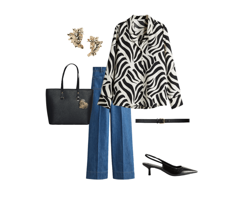 Sapato slingback de bico fino com salto kitten ; Cinto ; Berloque de bolsa no formato de coração com pente ; Brincos no formato de concha ; Camisa resort em sarja ; Wide high jeans azul denim