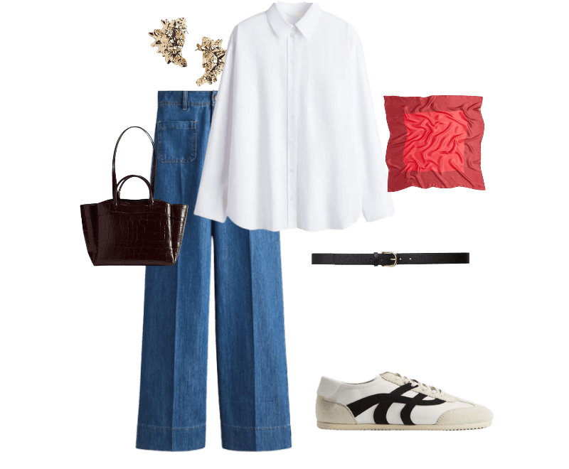 Tênis ; Cinto ; Brincos no formato de concha ; Lenço com padronagem ; Bolsa shopper ; Wide high jeans azul denim ; Camisa oversize em popeline de algodão branco