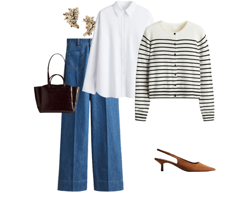 Sapato slingback básico de salto ; Brincos no formato de concha ; Bolsa shopper ; Wide high jeans azul denim ; Cardigan em malha tricô leve ; Camisa oversize em popeline de algodão branco