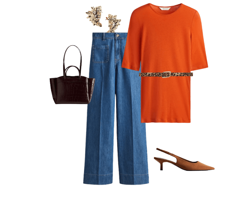 Sapato slingback básico de salto ; Cinto ; Brincos no formato de concha ; Bolsa shopper ; Wide high jeans azul denim ; Camiseta em algodão pima laranja