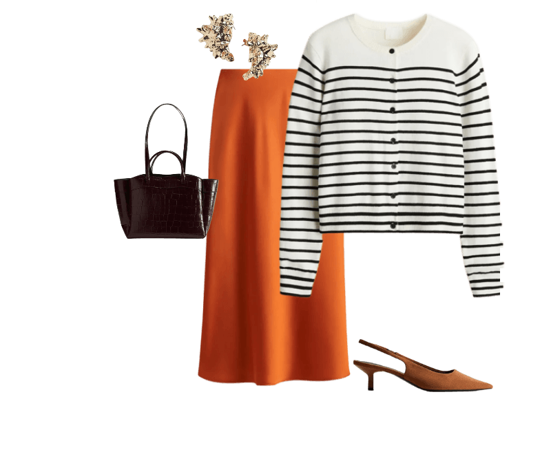 Sapato slingback básico de salto ; Brincos no formato de concha ; Bolsa shopper ; Cardigan em malha tricô leve ; Saia midi laranja