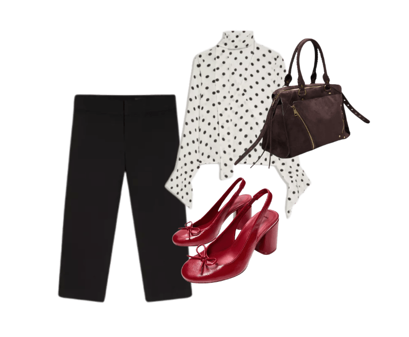 Sapatilha de salto tipo mule ; Blusa manga comprida cruzada lenço ; Calça capri bengaline ; Bolsa bowling faux suede soft