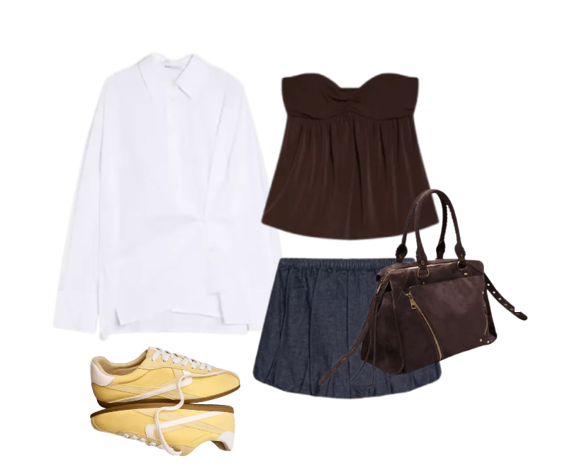 Tênis de sola fina ; Top bandeau com nó nas costas ; Camisa de manga comprida com botão cruzado ; mini saia jeans balonê ; Bolsa bowling faux suede soft