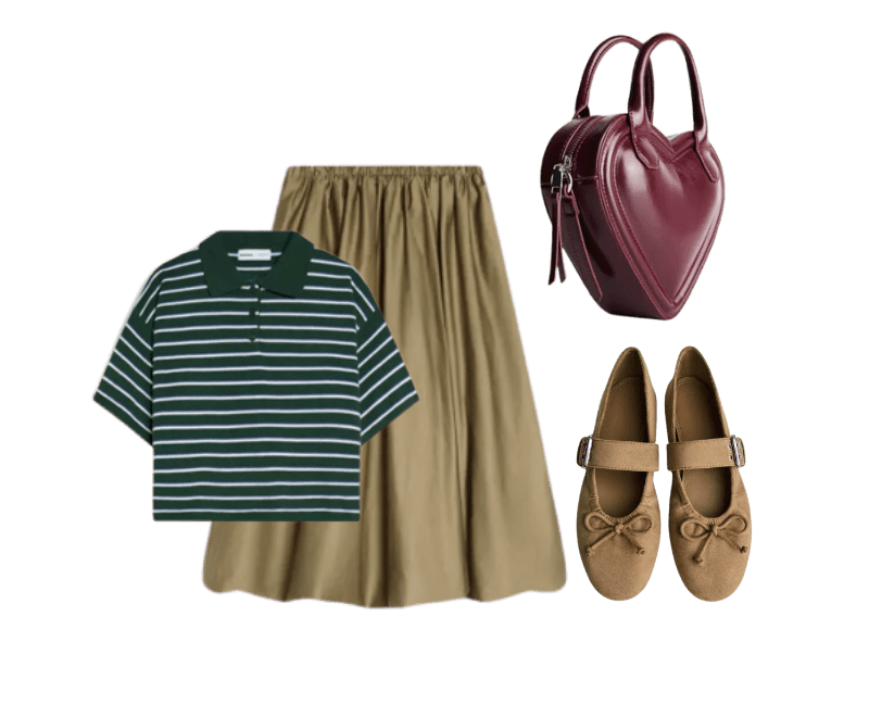 Sapatilha com fivela ; Suéter gola polo listrado ; Saia midi balonê ; Bolsa mini de coração