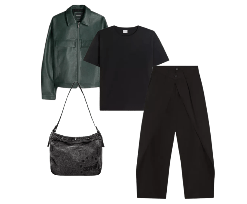 Calça super baggy cruzada ; Jaqueta boxy de poliuretano ; Camiseta de manga curta ; Bolsa denim bordada