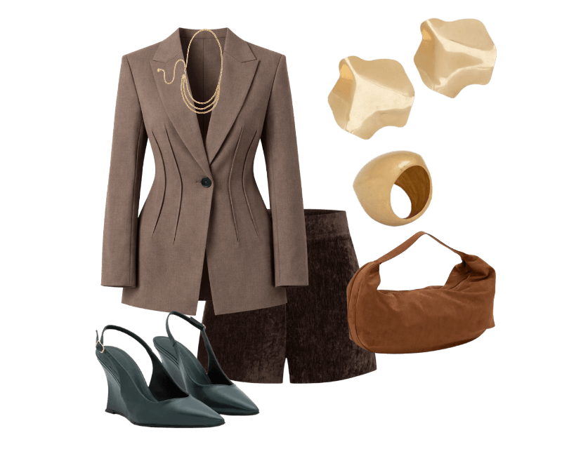 Sapato Slingback em PU com Salto Anabela Verde ; Bolsa Hobo em Suede com Alça Larga Marrom ; Blazer Hourglass em Alfaiataria Marrom ; Cinto Corrente Estreito com Pingentes de Medalha Dourado ; Maxi Anel Alongado com Formato Oval ; Maxi Brinco Orgânico Metalizado Dourado ; Short Curto Aveludado com Zíper Lateral