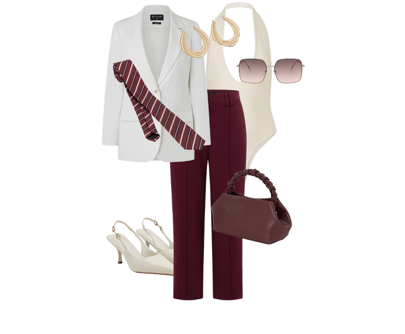 Bolsa Pequena com Alça de Mão Trançada e Alça Longa Vinho ; Sapato Slingback com Aviamento Lateral Off White ; Brinco Maxi Argola Tripla com Textura Rabo de Rato Dourado ; Calça Wide Em Crepe Com Passantes E Bolsos Traseiros Bordô ; Body Frente Única Em Microfibra Com Decote Profundo Off White ; Blazer Regular em Alfaiataria com Botões e Bolsos Frontais Off White ; Gravata Acetinada com Listras Diagonais Bordô ; Óculos de Sol Quadrado com Hastes Finas em Metal Prata