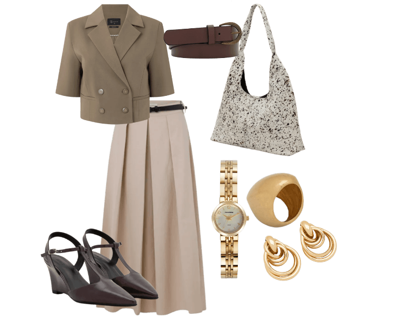 Sapato Anabela com Tira Salomé em PU Vinho ; Blazer Alfaiatado Curto com Botões Transpassados Marrom ; Brinco Médio em Metal com Design de Nó Duplo ; Maxi Anel Alongado com Formato Oval ; Relógio Analógico Mondaine Aço Modelo 32732LPMVDE1KB ; Cinto de Couro com Fivela Arredondada ; Bolsa Hobo Grande de Couro com Textura Peluciada ; Saia Midi com Pregas Frontais e Cinto Fino