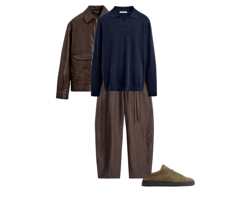 CALÇA WIDE FIT COM CINTOS ; TÊNIS DE COURO ; POLO MALHA ESTRUTURADA ; CAMISA AMPLA DE POLIURETANO