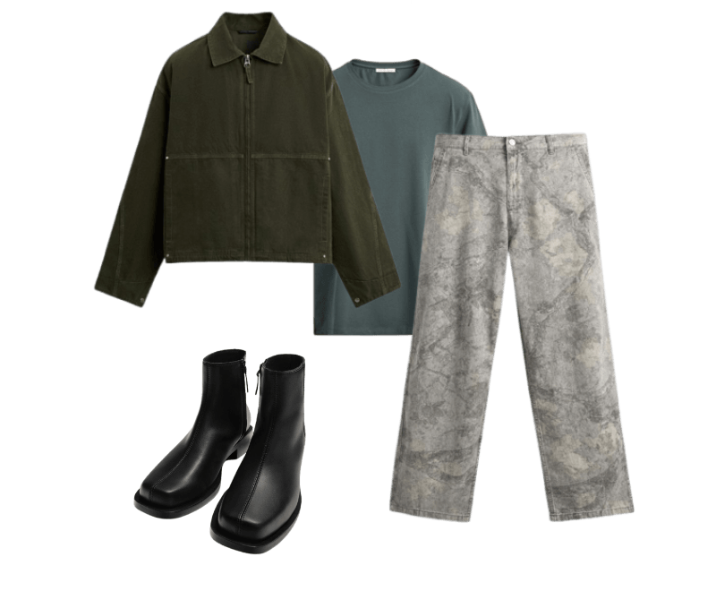 CAMISETA SLIM FIT BÁSICA ; JAQUETA RELAXED FIT LAVADA ; BOTA PESPONTOS ; CALÇA RELAXED FIT ESTAMPADA ABSTRATA