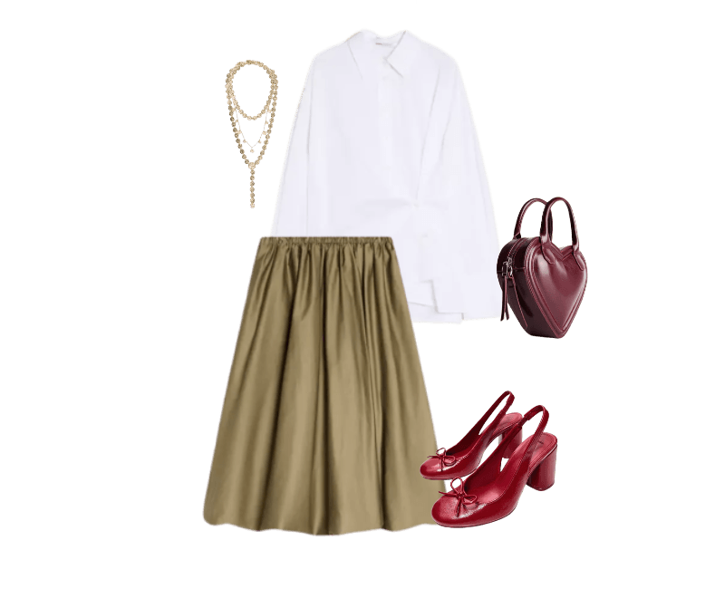 Sapatilha de salto tipo mule ; Camisa de manga comprida com botão cruzado ; Saia midi balonê ; Colar de medalhas ; Bolsa mini de coração