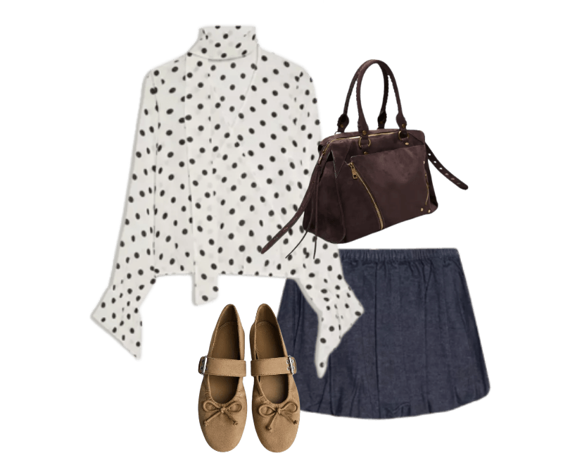 Sapatilha com fivela ; Blusa manga comprida cruzada lenço ; mini saia jeans balonê ; Bolsa bowling faux suede soft